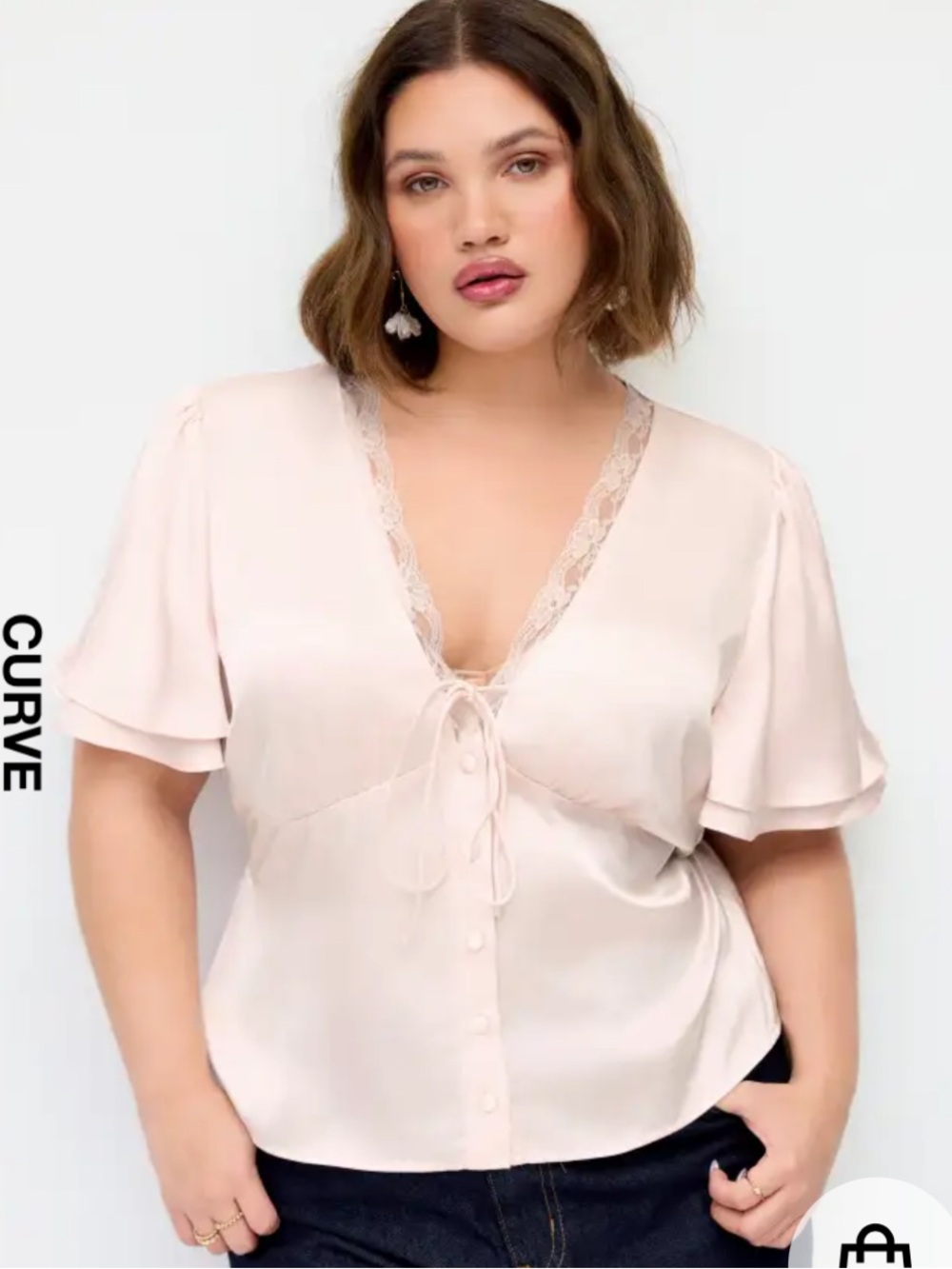 Cider Lace-Trim Tie-Front Blouse - Light Blush